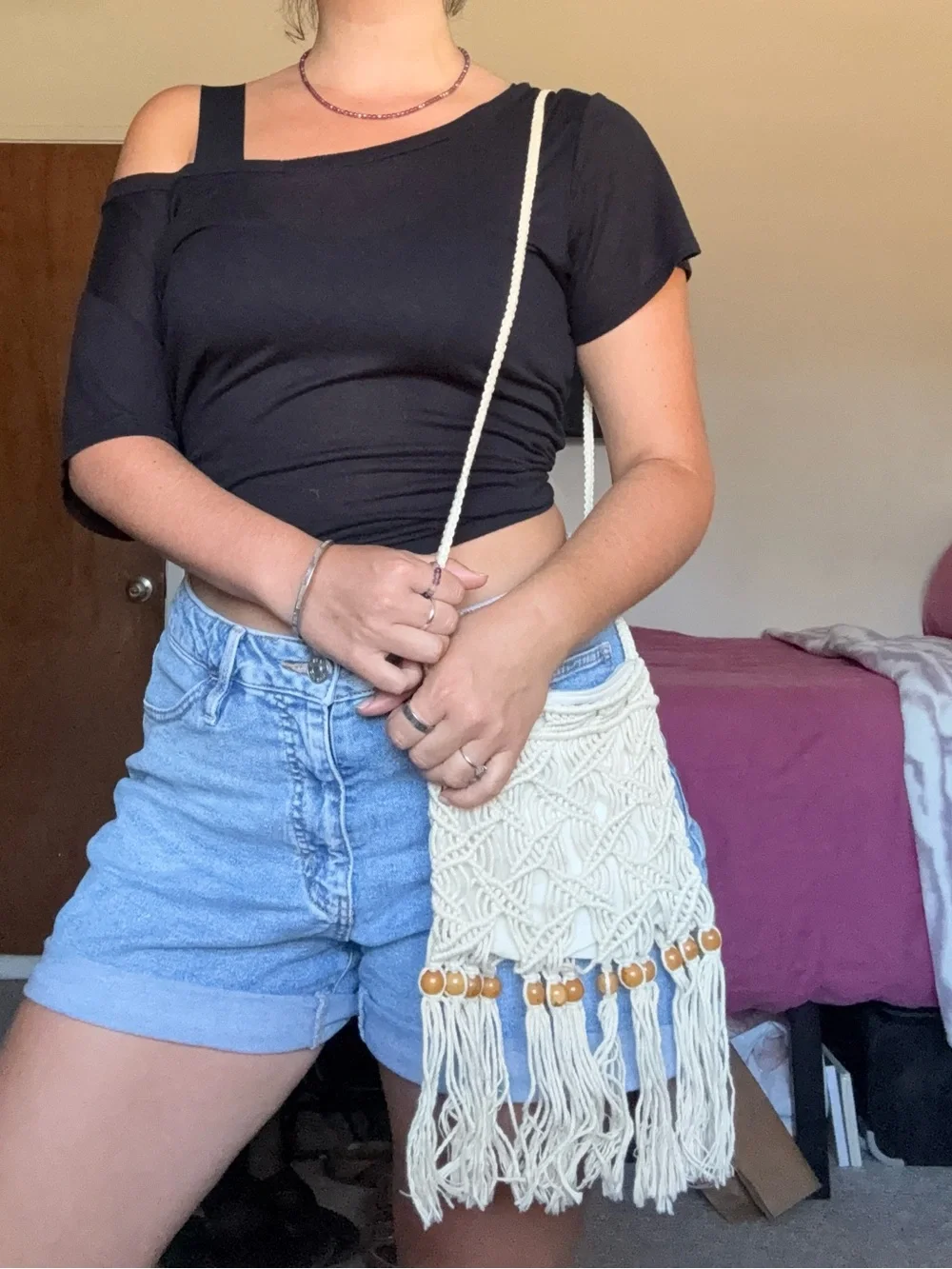 Handcrafted Cream Macramé Crossbody Bag with Bead Fringe